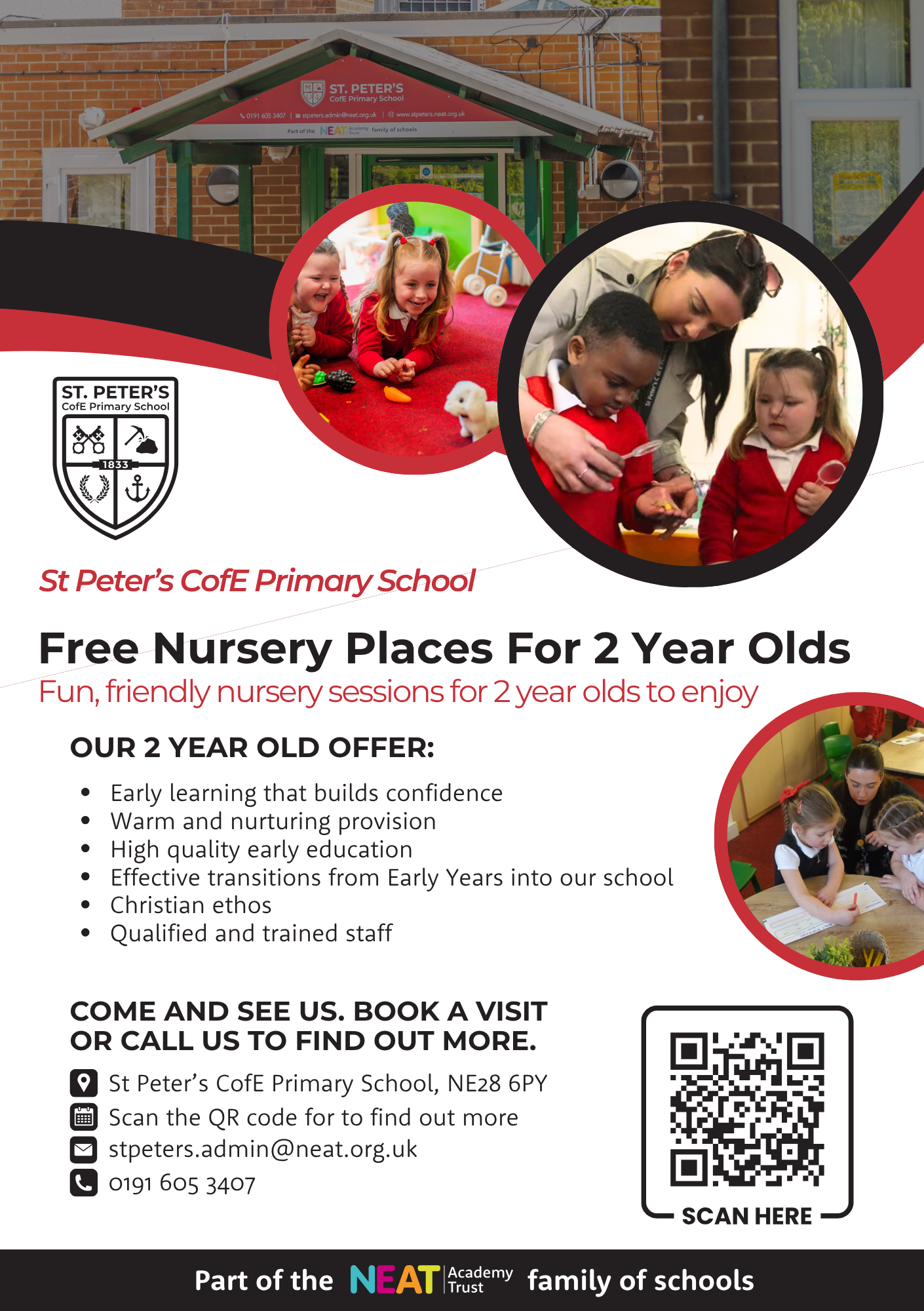 St Peter's CofE Primary School flyer: "Free Nursery Places For 2 Year Olds." Photos of pupils and staff in nursery activities, school entrance, and St Peter's crest. Lists provision highlights including Christian ethos and qualified staff. Contact details and QR code for St Peter's CofE Primary School, NE28 6PY.